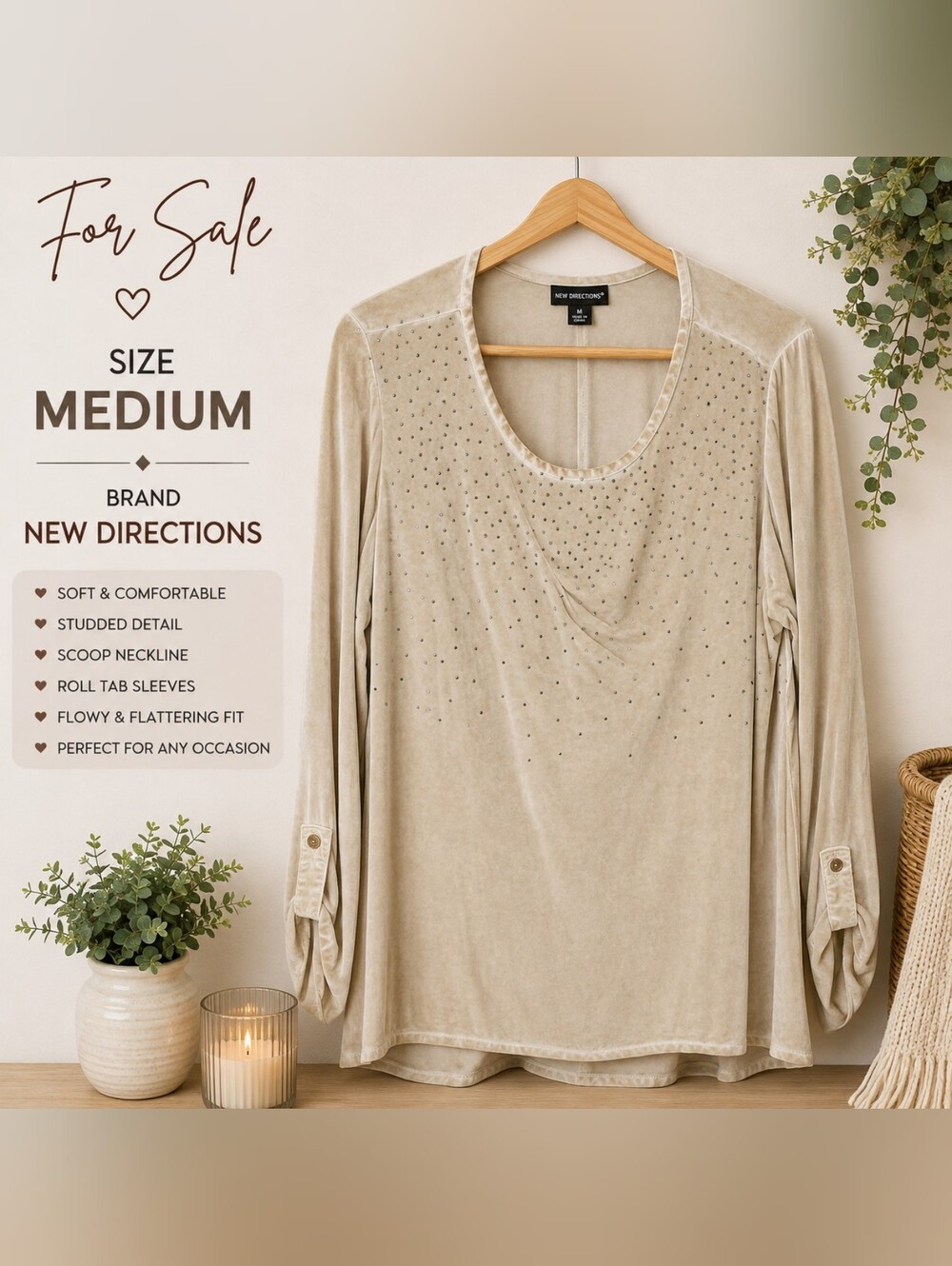 new directions Beige Velvet Studded Scoop-Neck Long Sleeve Top